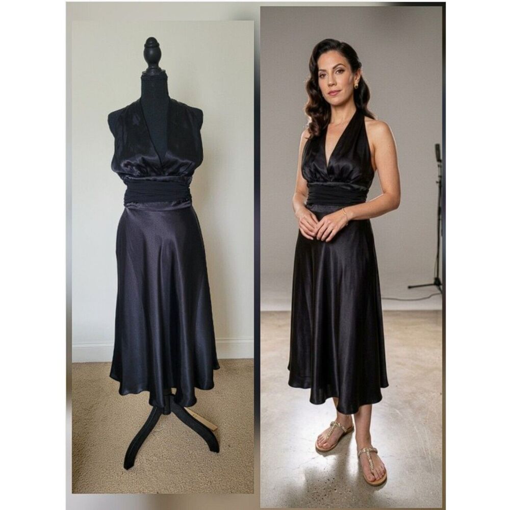 Alexia Designs Black Satin Dress Halter Y2K Vintage Pinup Classic 1950s Size 8